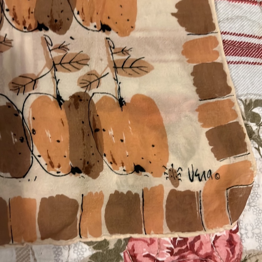 Vintage Vera Neumann ladybug hand rolled silk square scarf fruit sheer 28”